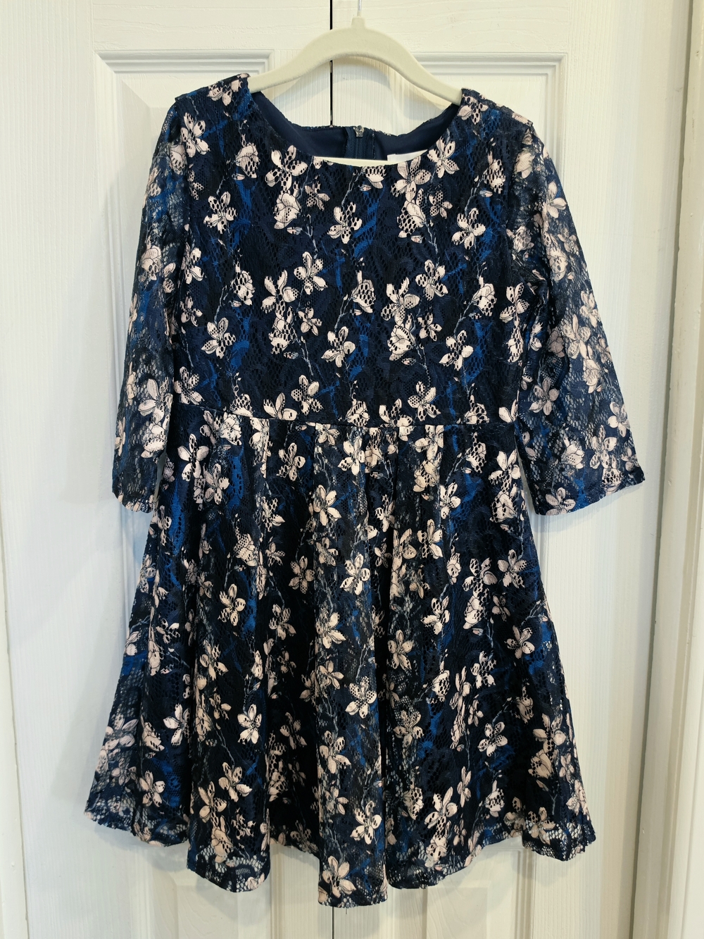 Us Angels Navy Blue Floral Lace Party Dress with Cream Accents